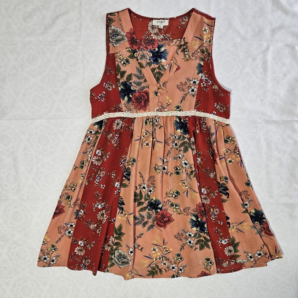 Umgee Womens S Peach Red Floral Sleeveless Dress Mixed Print Crochet Lace FLAWS